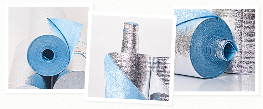 фотографии внешнего вида и упаковки рулонного утеплителя Мегаспан ПЛ с самоклеющимся слоем